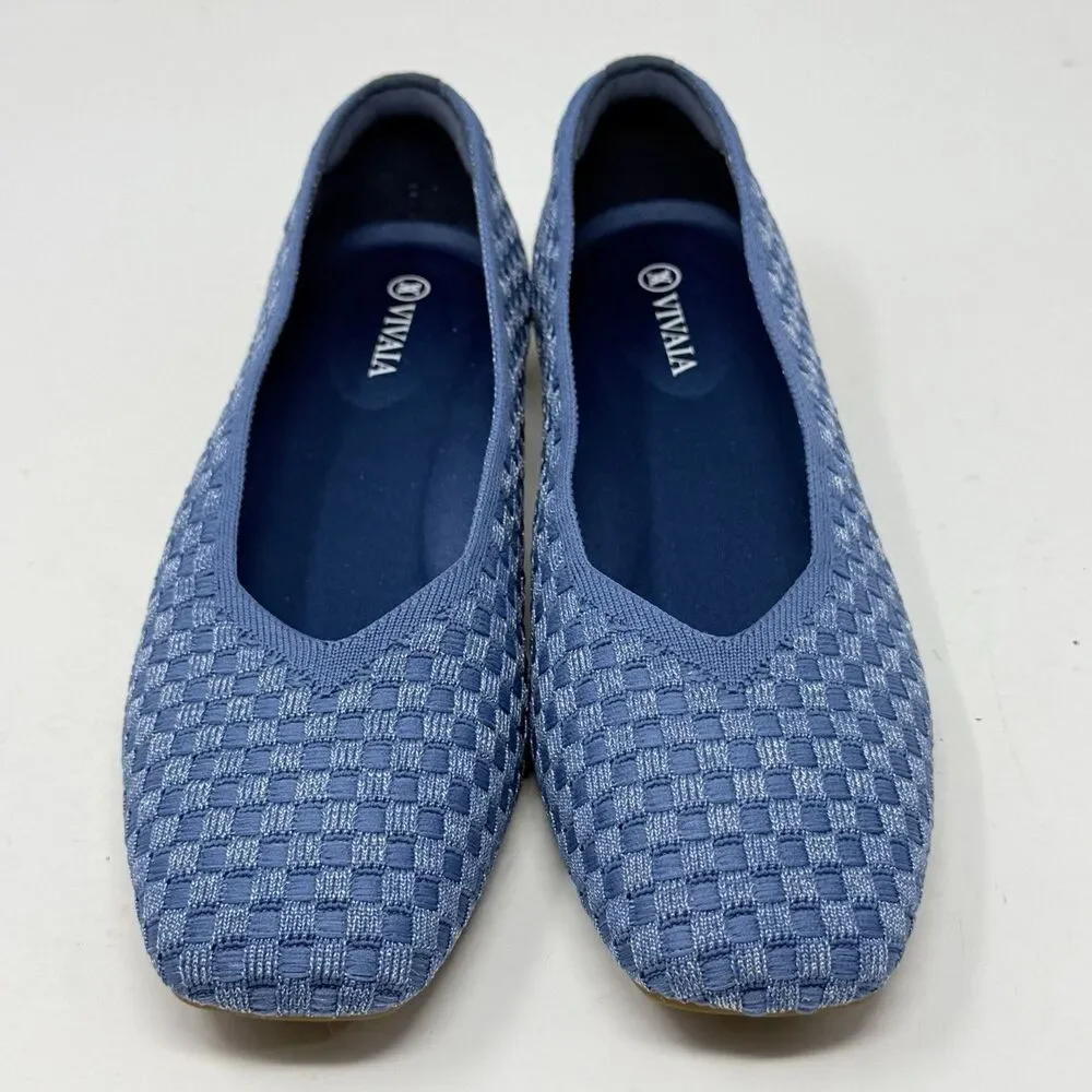 Vivaia Margot Walker Flats Shoes Womens 8.5 EU 39.5 Blue Woven V-Cut Square Toe